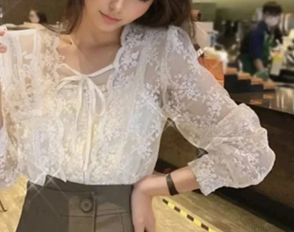 Vintage Lace Puff Long Sleeve Crochet Blouse image 3