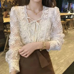 Vintage Lace Puff Long Sleeve Crochet Blouse image 1