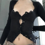 Vintage Lace Trim Button Low Cut Slim Fit Knit Top image 4