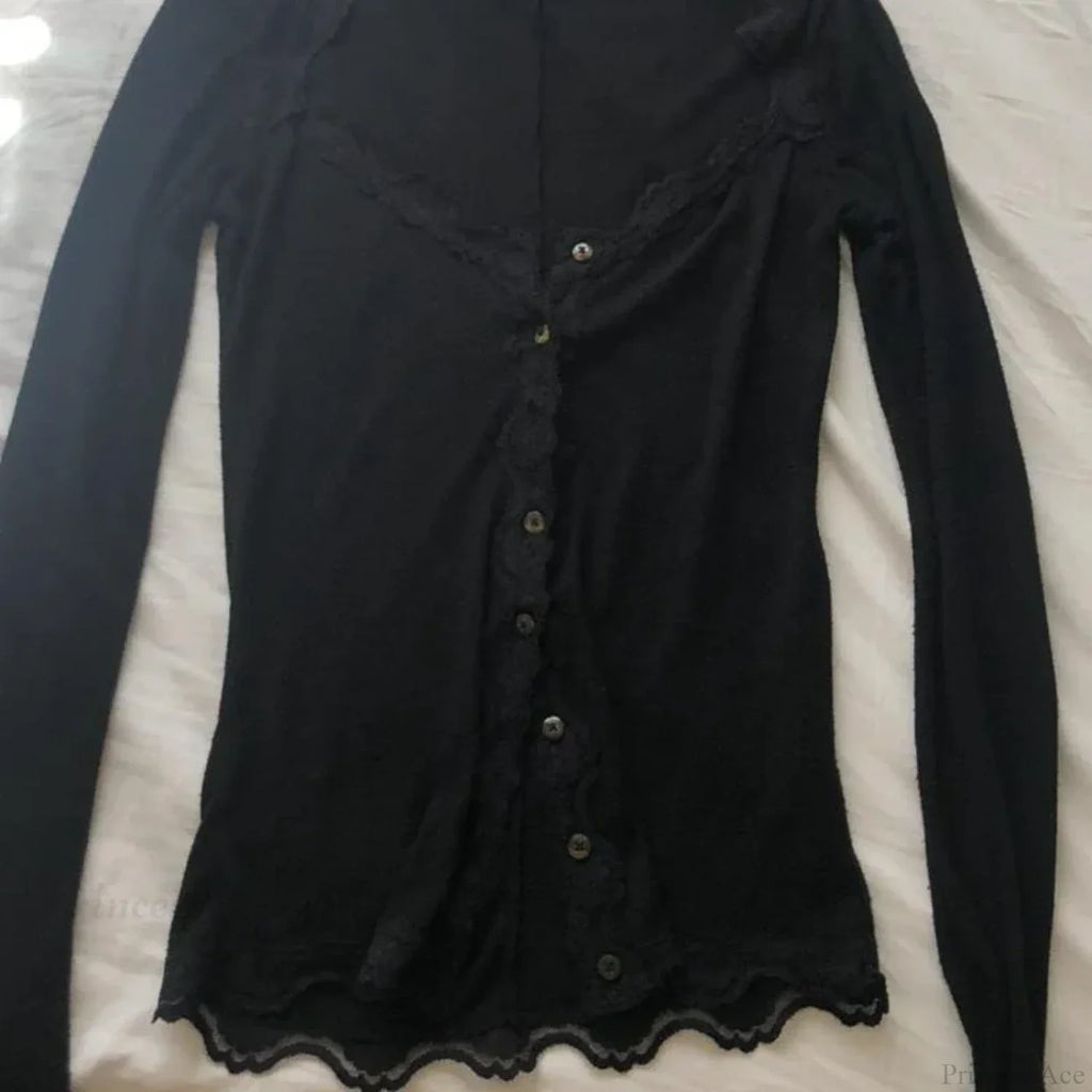 Vintage Lace Trim Button Low Cut Slim Fit Knit Top image 3