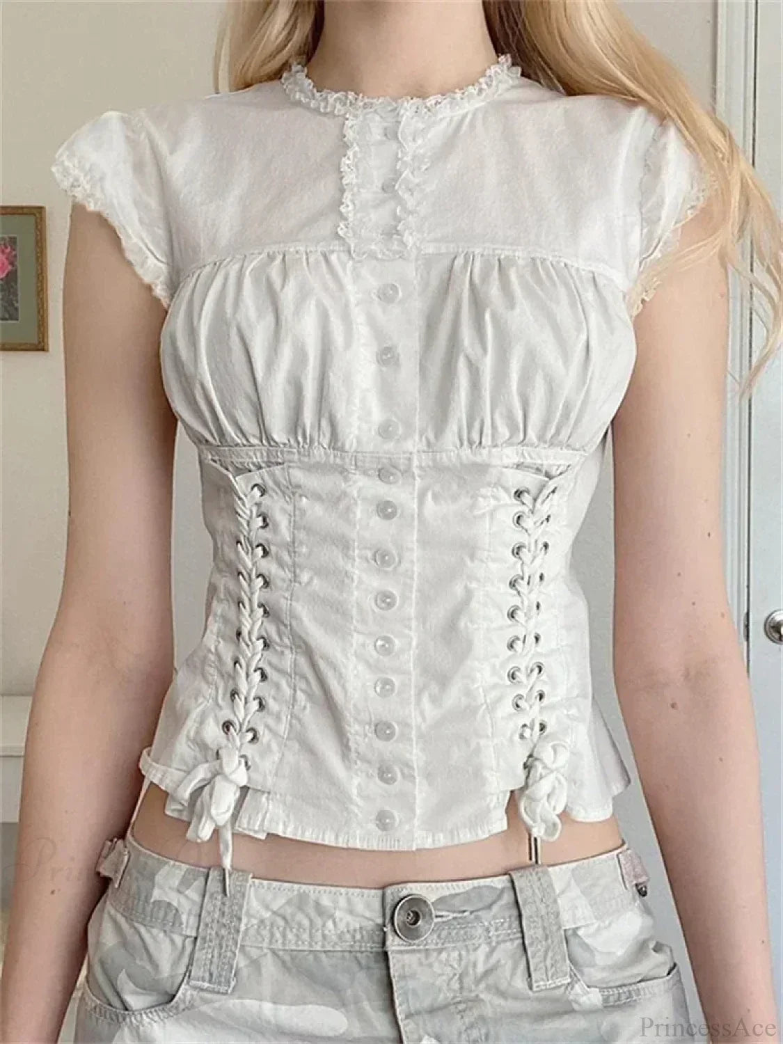 Vintage Lace Trim Cap Sleeve Bandage Blouse image 1