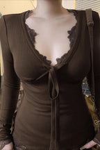 Vintage Lace Trim Deep V-neck Long Sleeve Tee image 2