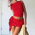 Vintage Lettuce Edge Tie Up Crop Top + Ruched Tiered Ruffles Mini Skirt Coquette 2 Piece Set Women Club Party Streetwear Outfits image 1