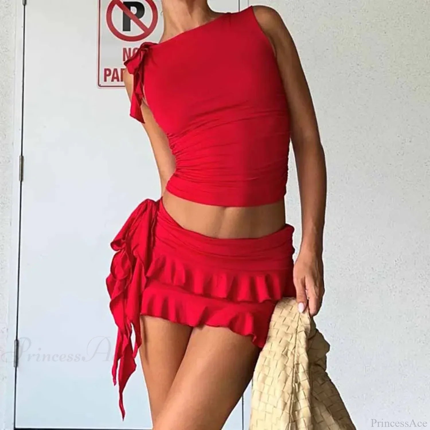 Vintage Lettuce Edge Tie Up Crop Top + Ruched Tiered Ruffles Mini Skirt Coquette 2 Piece Set Women Club Party Streetwear Outfits image 1