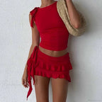 Vintage Lettuce Edge Tie Up Crop Top + Ruched Tiered Ruffles Mini Skirt Coquette 2 Piece Set Women Club Party Streetwear Outfits image 3
