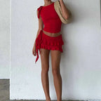 Vintage Lettuce Edge Tie Up Crop Top + Ruched Tiered Ruffles Mini Skirt Coquette 2 Piece Set Women Club Party Streetwear Outfits image 4