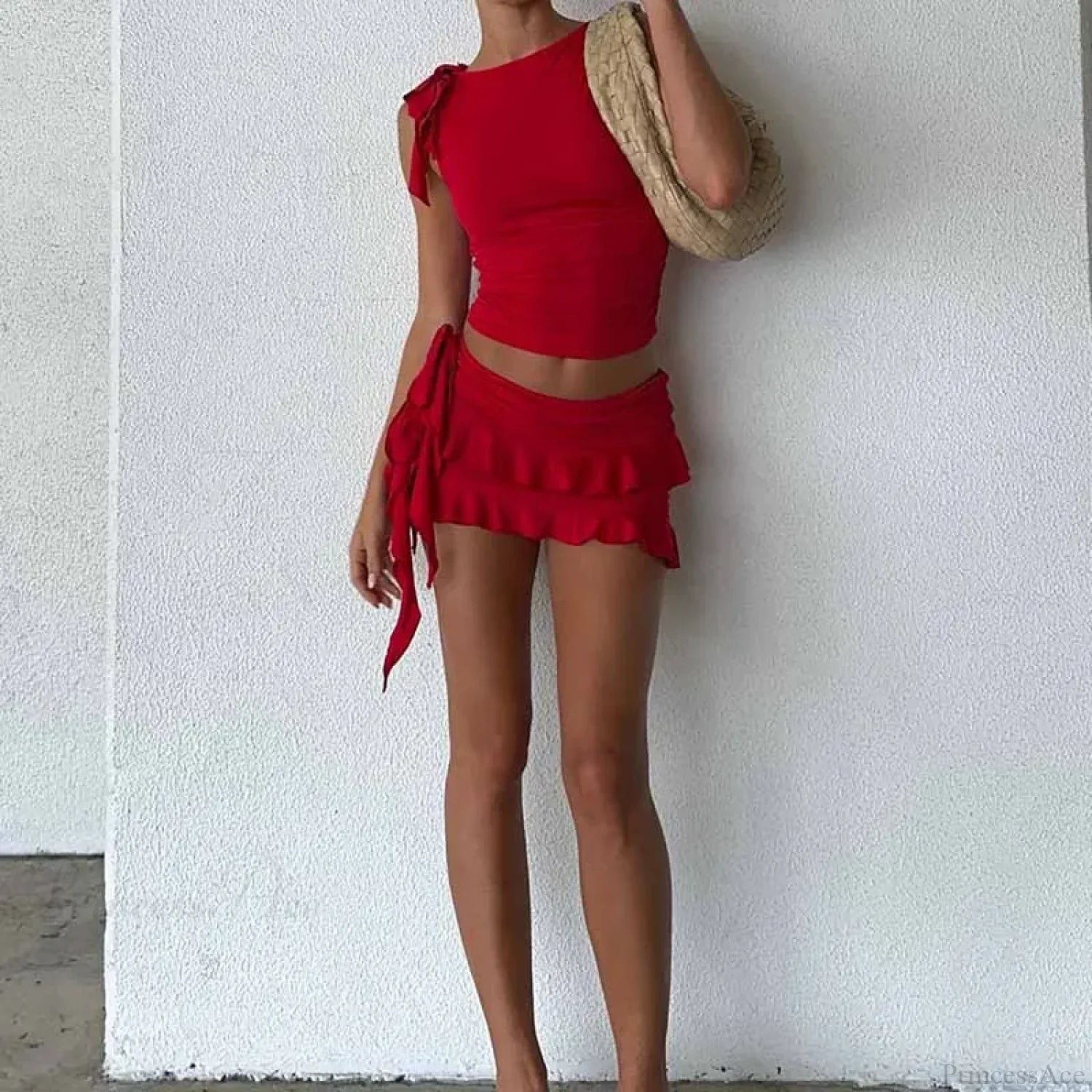 Vintage Lettuce Edge Tie Up Crop Top + Ruched Tiered Ruffles Mini Skirt Coquette 2 Piece Set Women Club Party Streetwear Outfits image 4