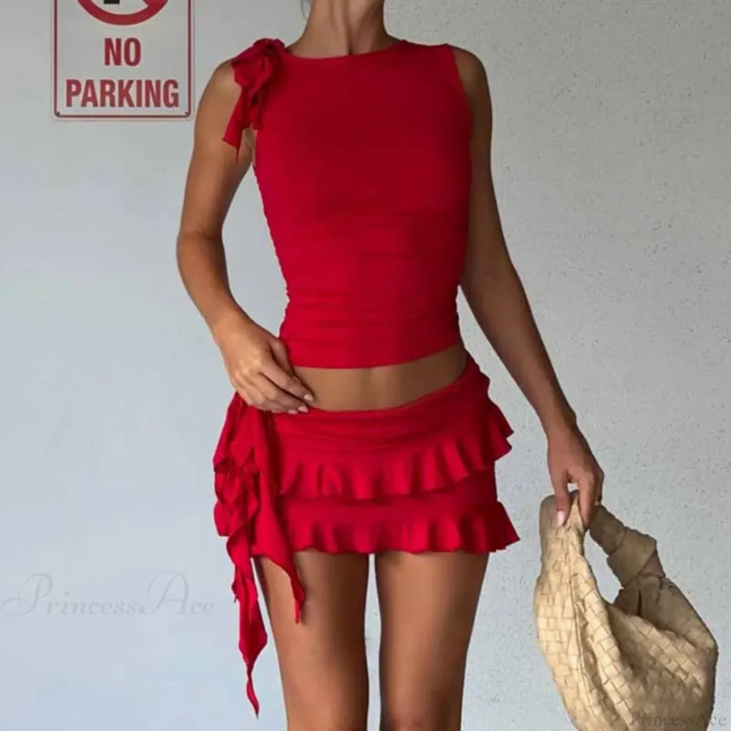 Vintage Lettuce Edge Tie Up Crop Top + Ruched Tiered Ruffles Mini Skirt Coquette 2 Piece Set Women Club Party Streetwear Outfits image 2