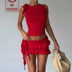 Vintage Lettuce Edge Tie Up Crop Top + Ruched Tiered Ruffles Mini Skirt Coquette 2 Piece Set Women Club Party Streetwear Outfits image 2