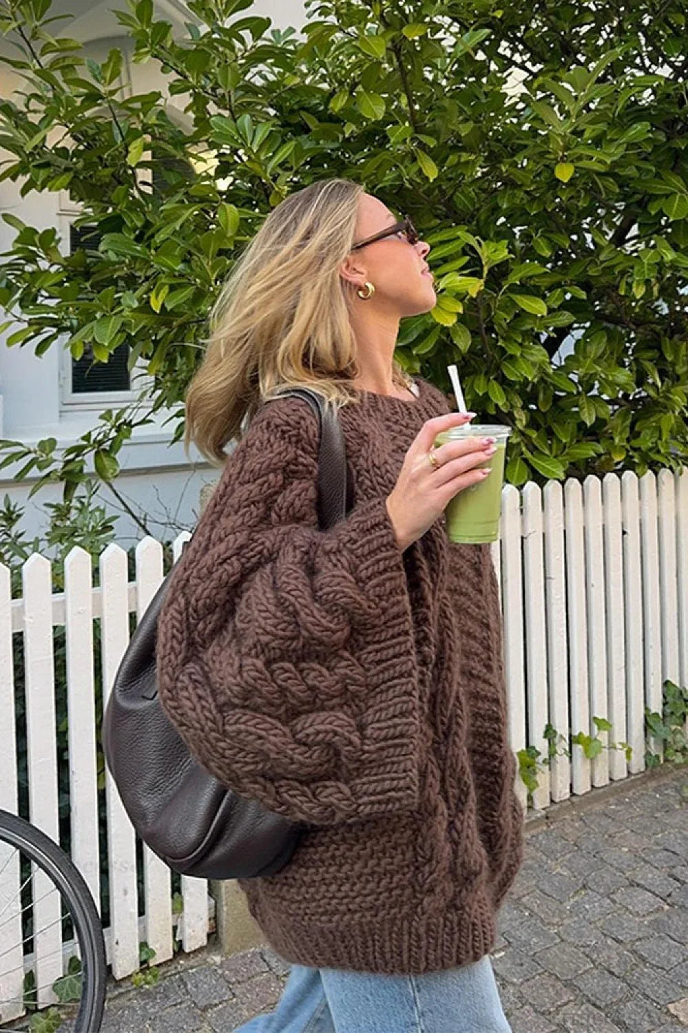 Vintage Loose Comfortable Crew Neck Wide Sleeve Cable Sweater image 4