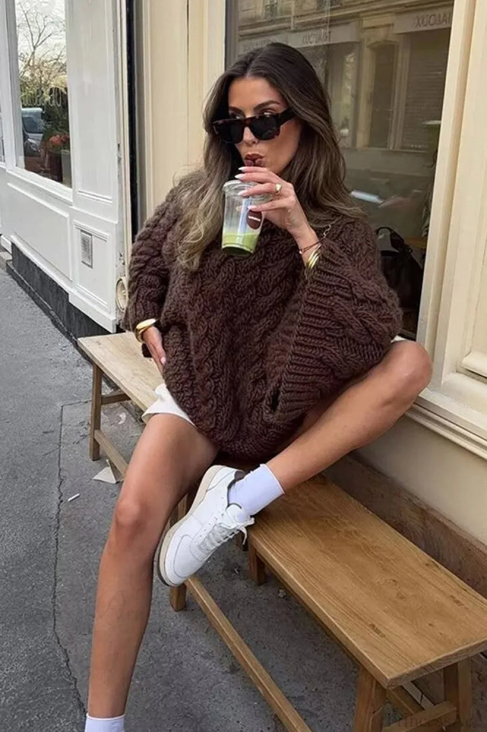 Vintage Loose Comfortable Crew Neck Wide Sleeve Cable Sweater image 6