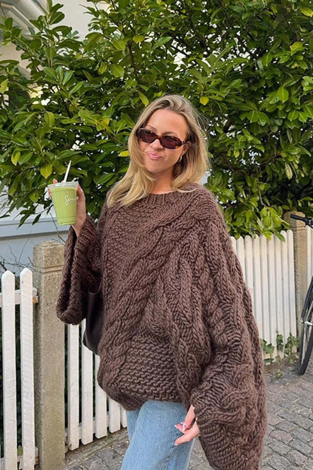 Vintage Loose Comfortable Crew Neck Wide Sleeve Cable Sweater image 3