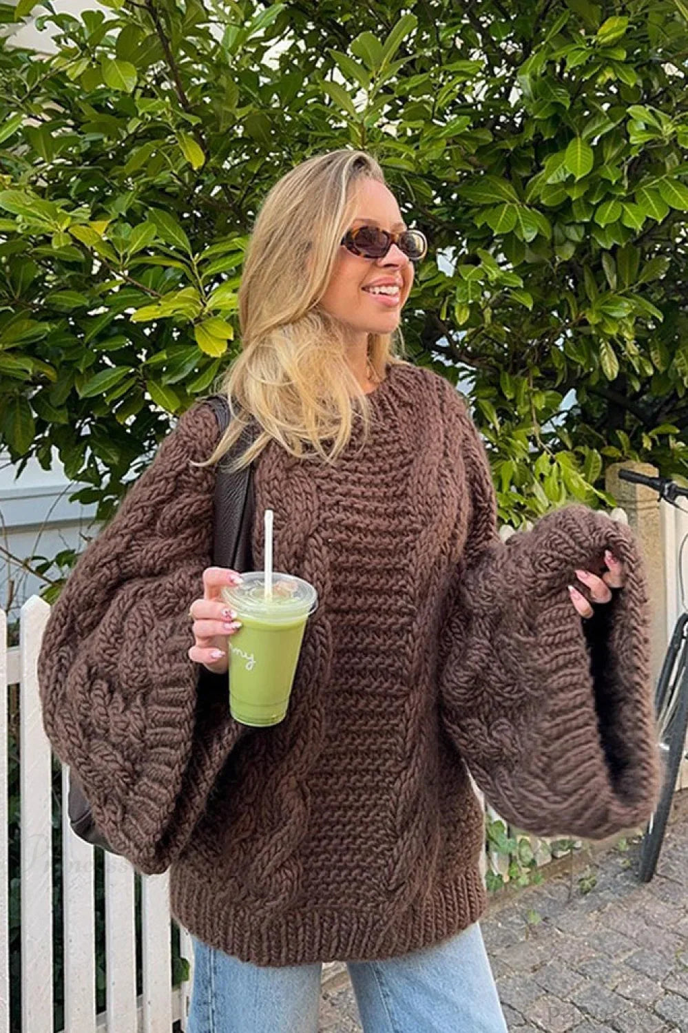 Vintage Loose Comfortable Crew Neck Wide Sleeve Cable Sweater image 1