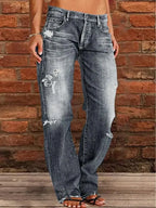Vintage Middle-Waist Ripped Straight Blue Wide-Leg Denim Jeans image 3
