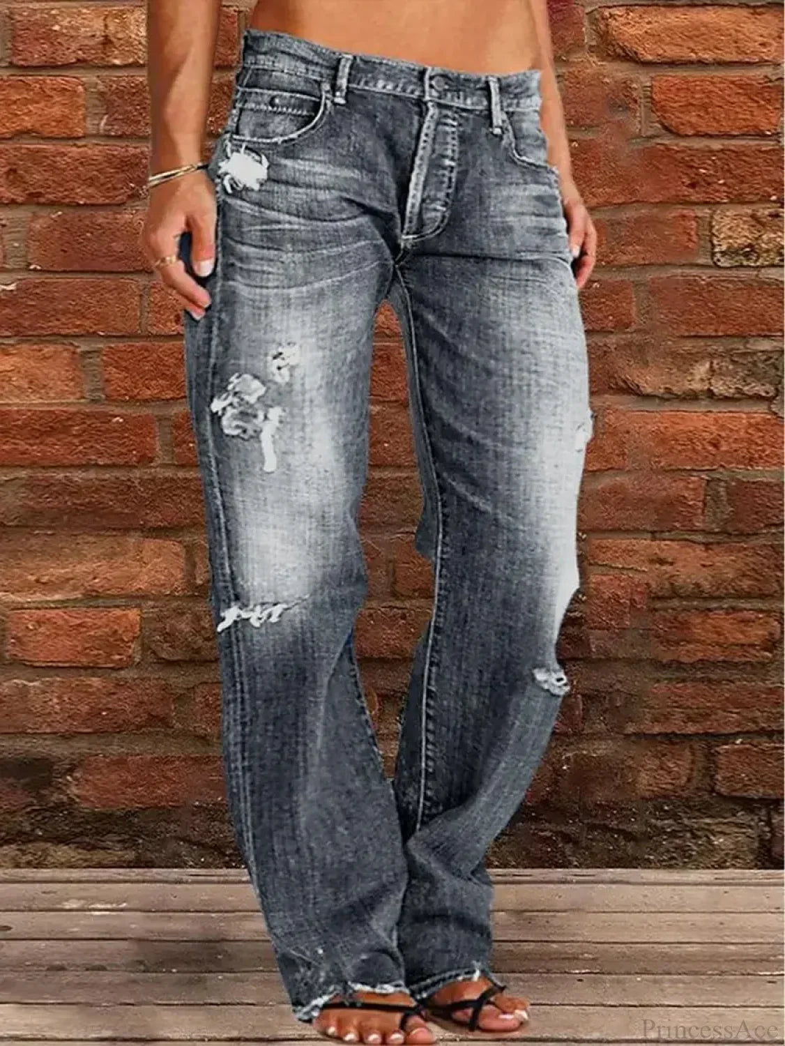 Vintage Middle-Waist Ripped Straight Blue Wide-Leg Denim Jeans image 3