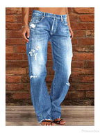 Vintage Middle-Waist Ripped Straight Blue Wide-Leg Denim Jeans image 2