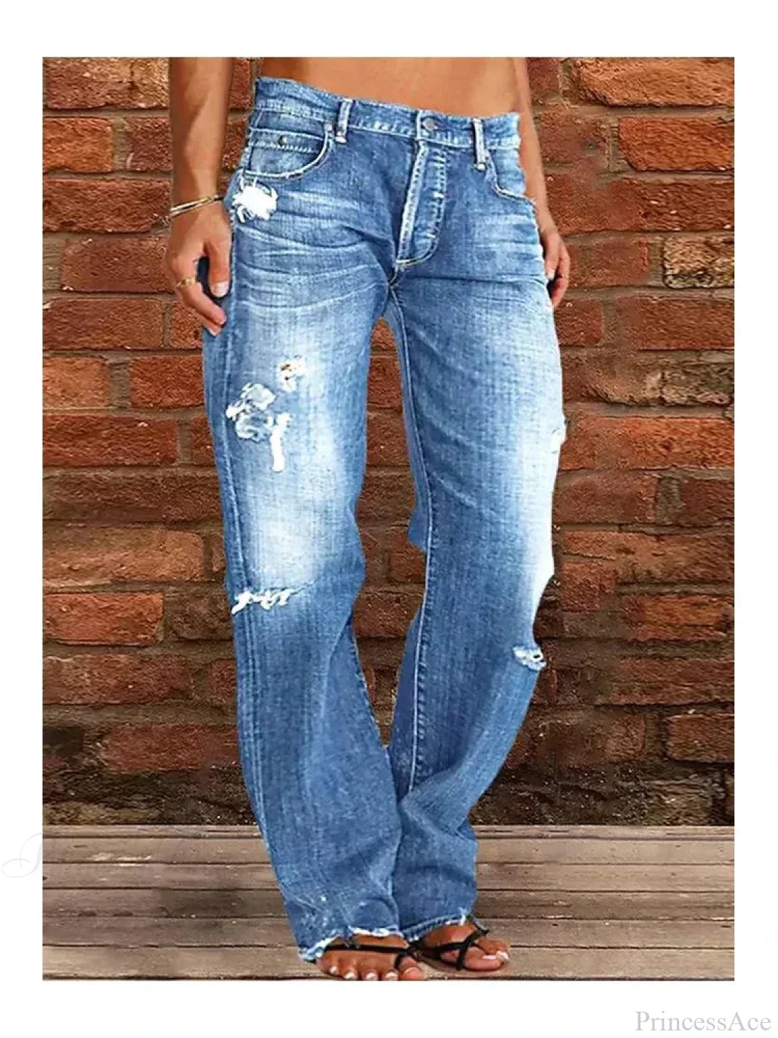 Vintage Middle-Waist Ripped Straight Blue Wide-Leg Denim Jeans image 2