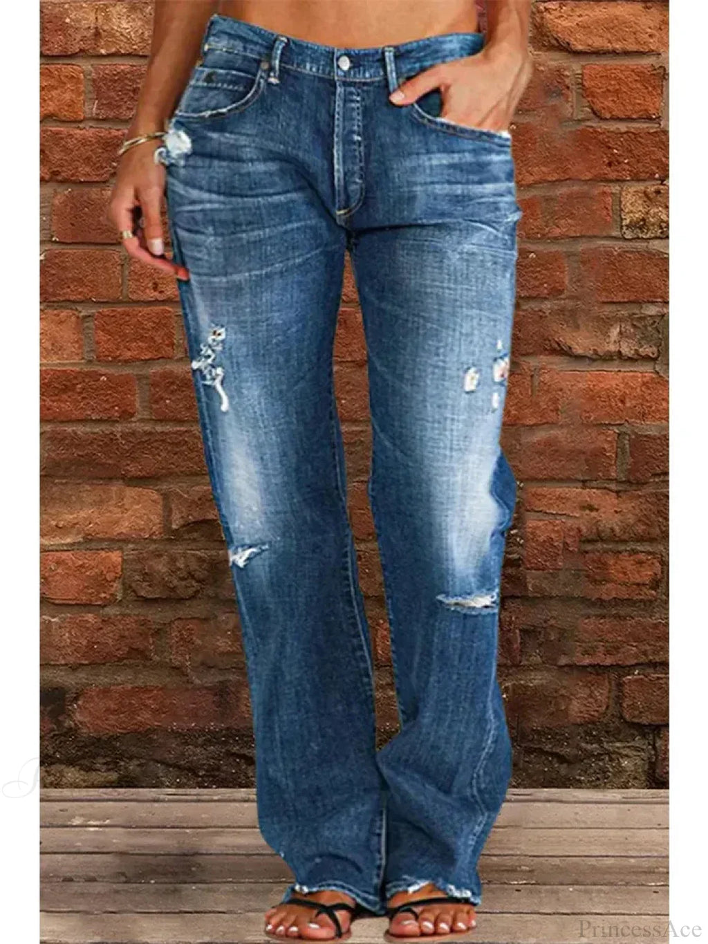 Vintage Middle-Waist Ripped Straight Blue Wide-Leg Denim Jeans image 1