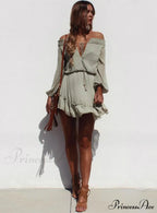Vintage Off Shoulder Chiffon Dress with Long Lantern Sleeves image 2