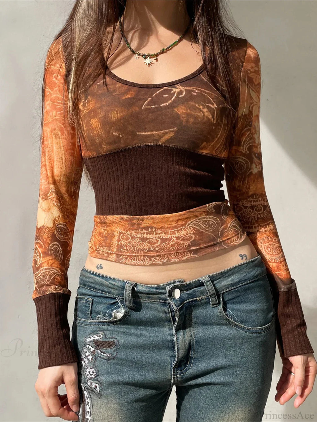 Vintage Patchwork Mesh See-Through Slim Square Collar Long Sleeve Knit Top image 1