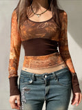 Vintage Patchwork Mesh See-Through Slim Square Collar Long Sleeve Knit Top image 1