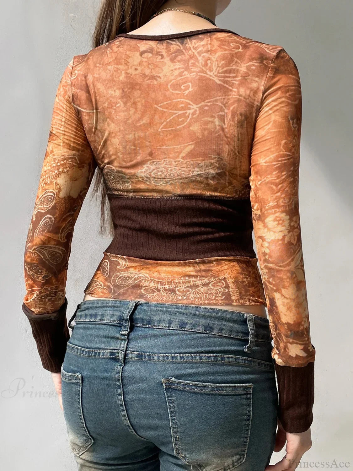 Vintage Patchwork Mesh See-Through Slim Square Collar Long Sleeve Knit Top image 2