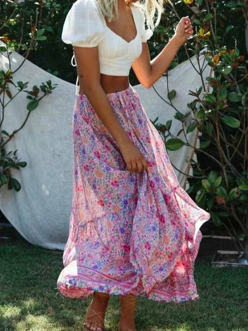 Vintage Pink Floral Print Split Beach Bohemian Maxi Skirt image 2