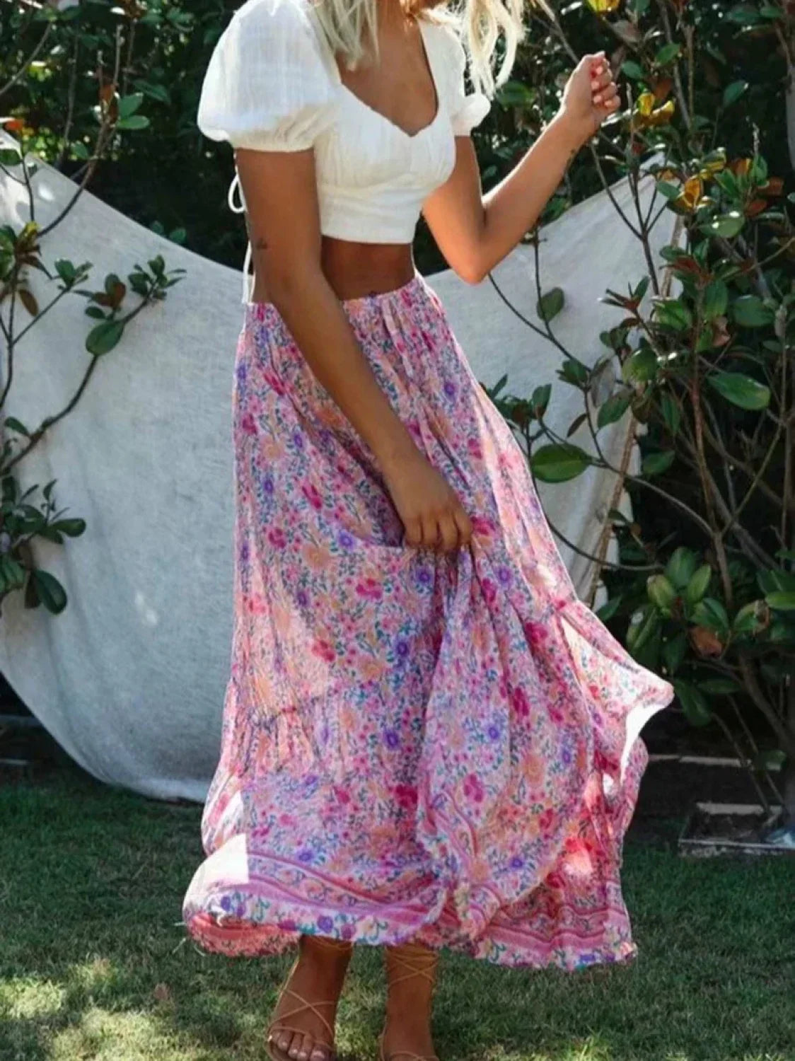 Vintage Pink Floral Print Split Beach Bohemian Maxi Skirt image 2
