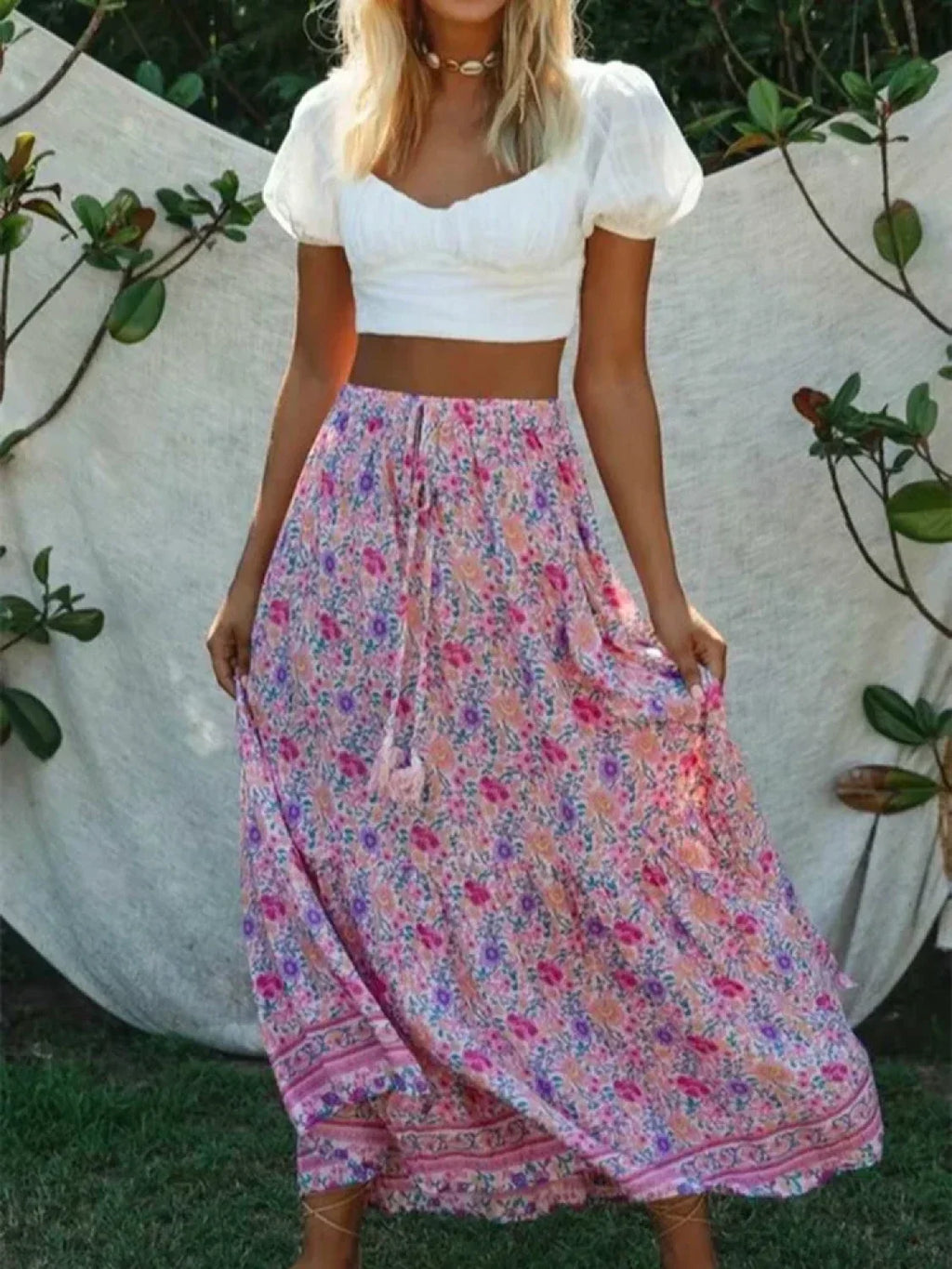 Vintage Pink Floral Print Split Beach Bohemian Maxi Skirt image 1