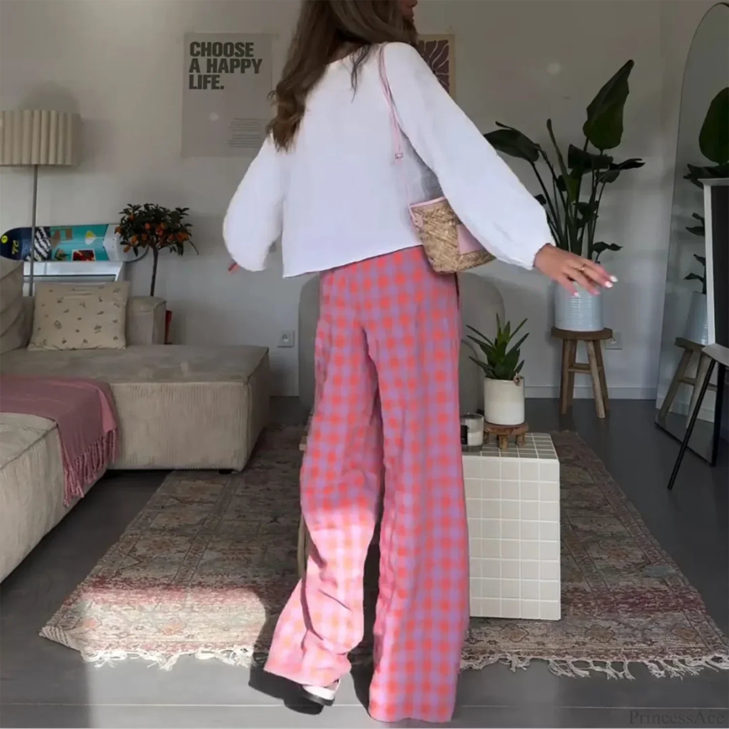 Vintage Plaid High Waist Loose Casual Aesthetic Pant image 2