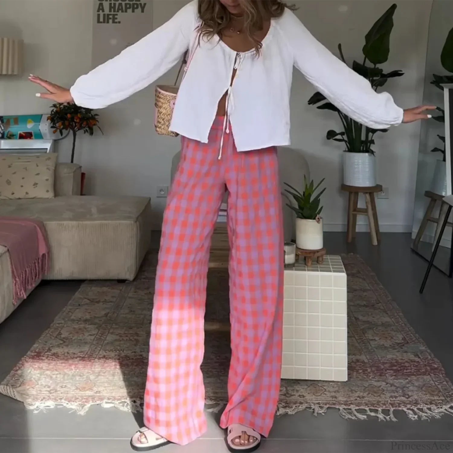 Vintage Plaid High Waist Loose Casual Aesthetic Pant image 1