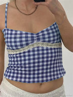 Vintage Plaid Lace Patchwork Spaghetti Crop Top image 3