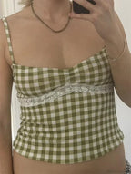 Vintage Plaid Lace Patchwork Spaghetti Crop Top image 1
