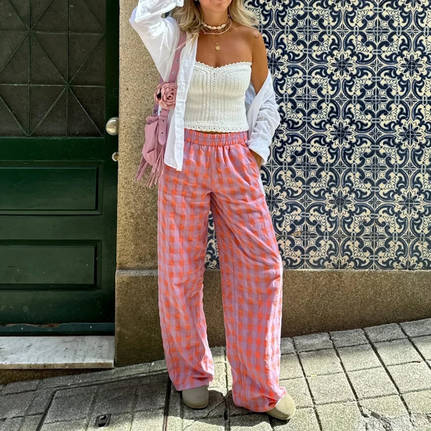 Vintage Plaid Loose Wide Leg Boho Palazzo Pant image 1