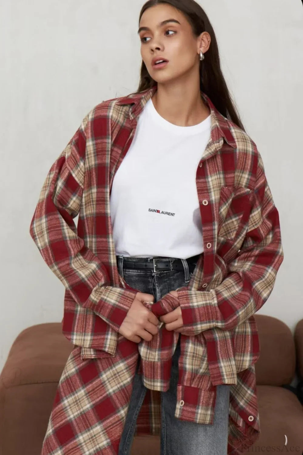 Vintage Plaid Pocket Long Sleeve Collared Blouse image 2