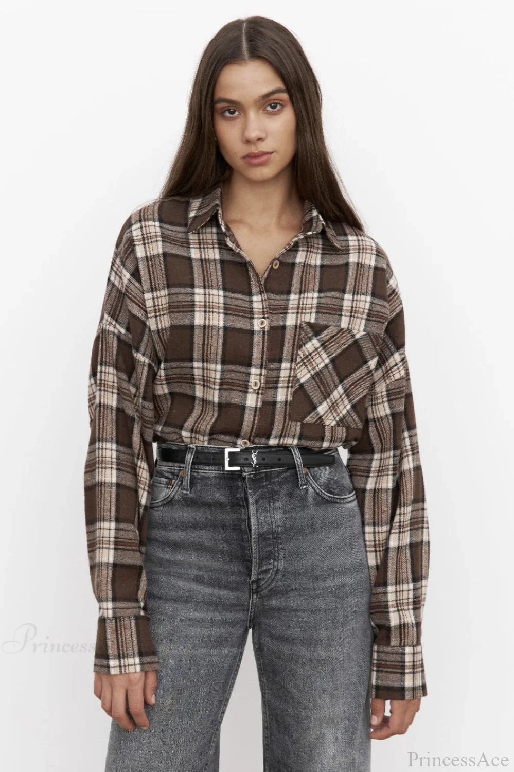 Vintage Plaid Pocket Long Sleeve Collared Blouse image 9