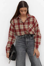 Vintage Plaid Pocket Long Sleeve Collared Blouse image 3