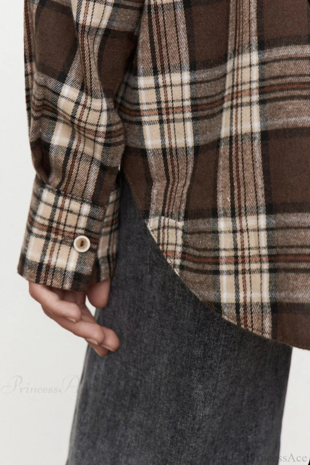 Vintage Plaid Pocket Long Sleeve Collared Blouse image 10