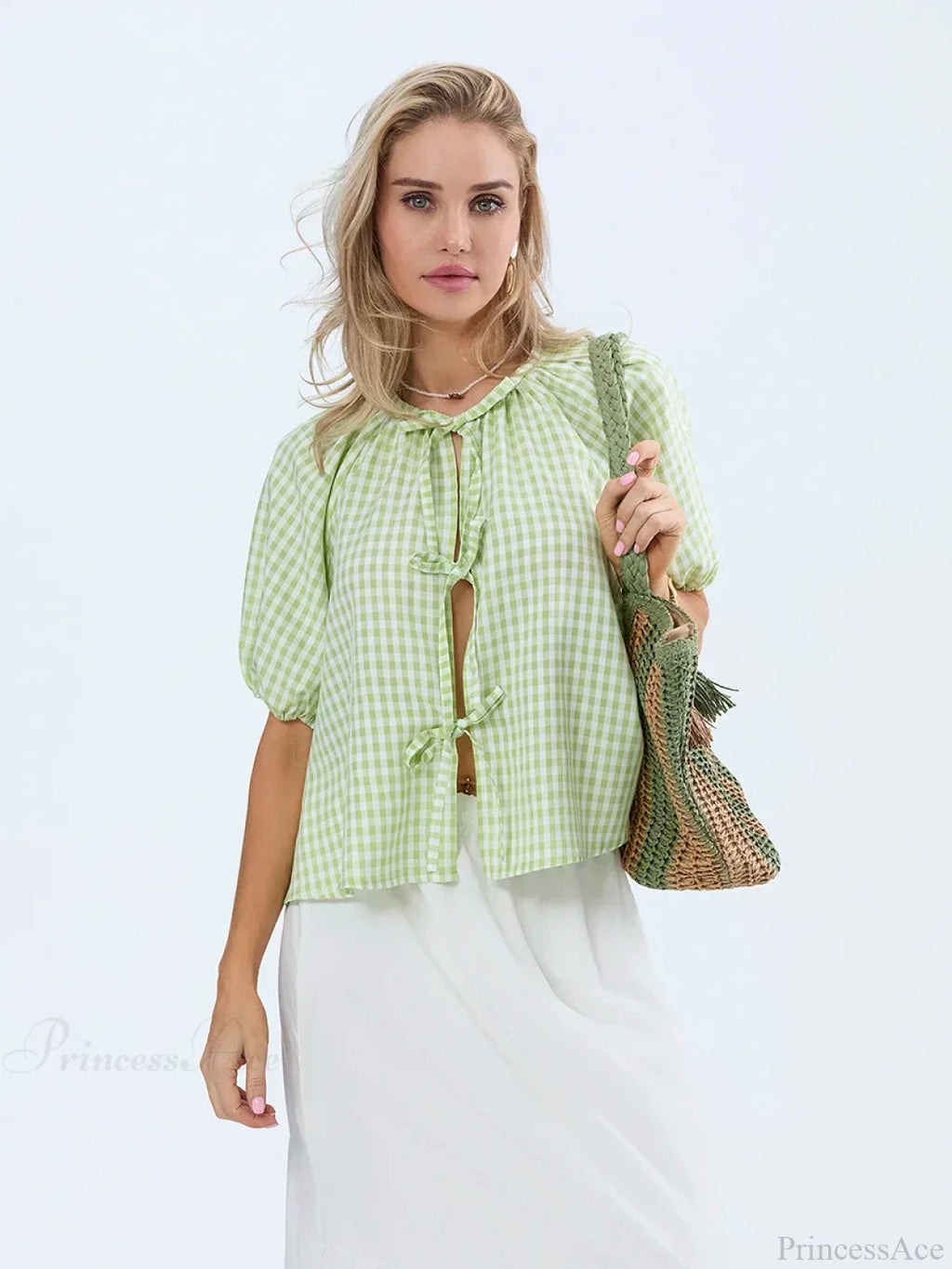 Vintage Plaid Tie-Up Blouse image 2