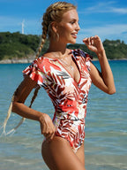 Vintage Print Zipper Ruffle Monokini One Piece image 2
