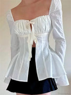 Vintage Puff Sleeve Tie-up Square Neck Blouse image 1