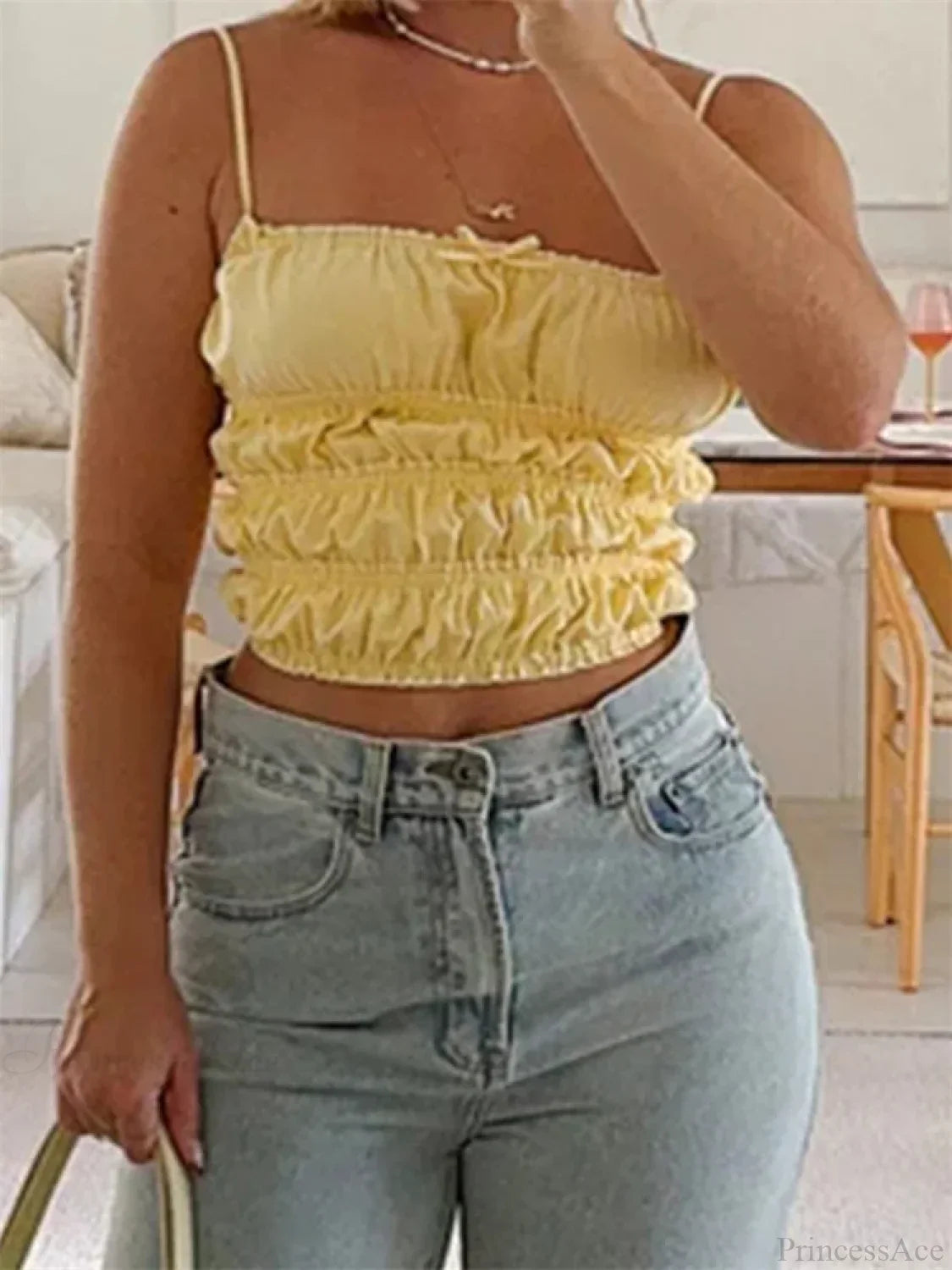 Vintage Ruched Solid Bow Slim Crop Top image 3