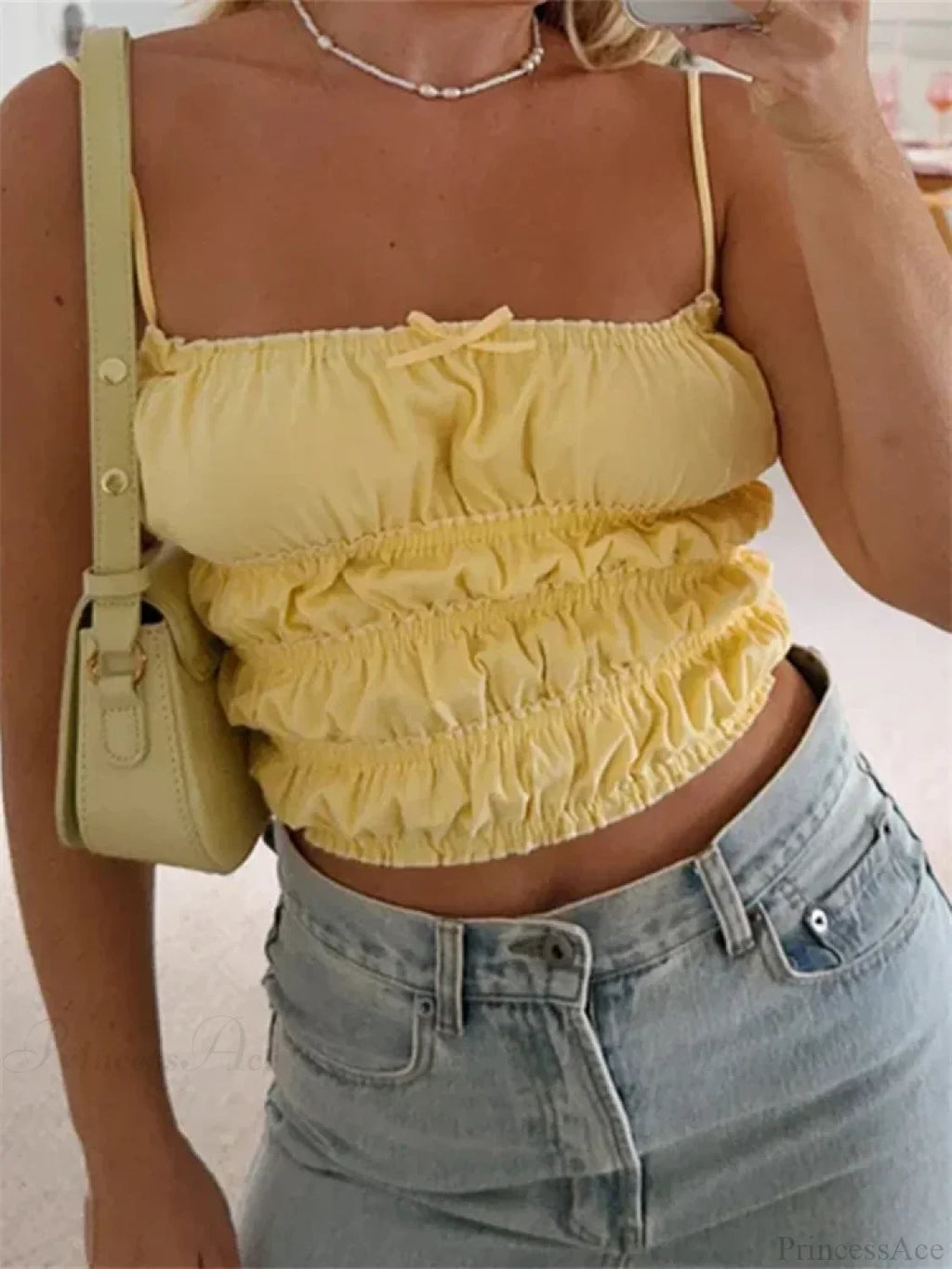 Vintage Ruched Solid Bow Slim Crop Top image 1