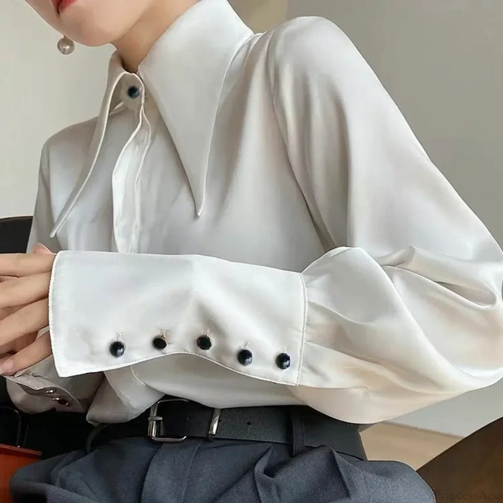 Vintage Satin Silk Turn Down Collar Blouse image 1