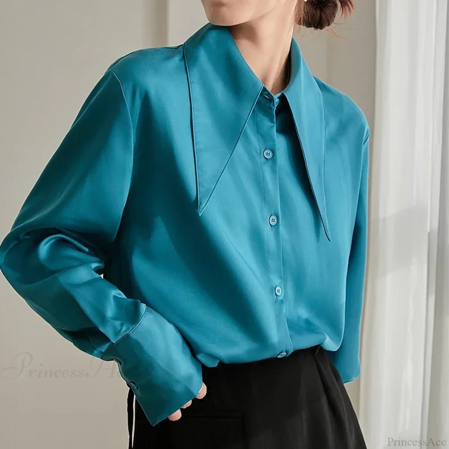 Vintage Satin Silk Turn Down Collar Blouse image 3