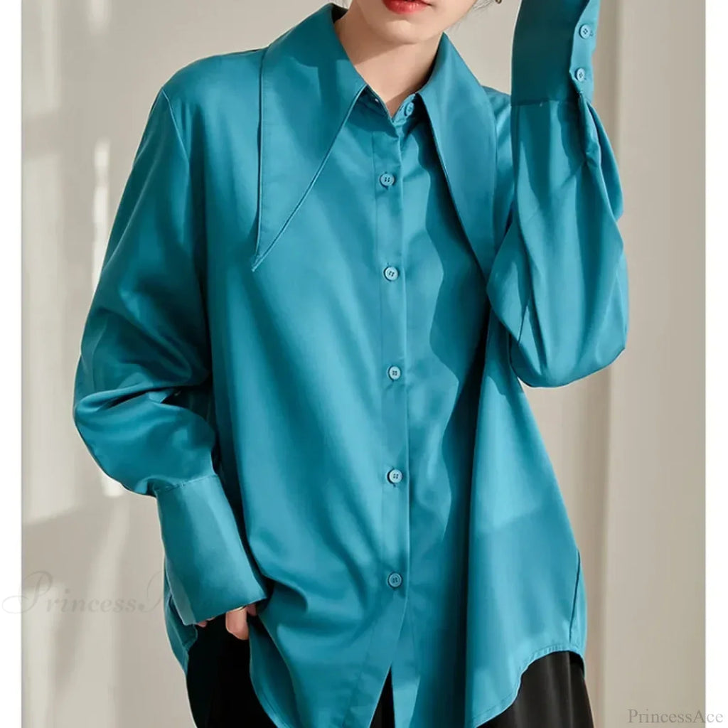 Vintage Satin Silk Turn Down Collar Blouse image 8