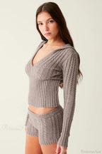 Vintage Sexy Knit Hooded Long Sleeve Cropped Two Piece Set image 4