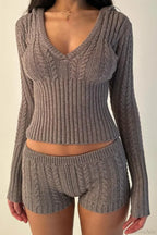 Vintage Sexy Knit Hooded Long Sleeve Cropped Two Piece Set image 1