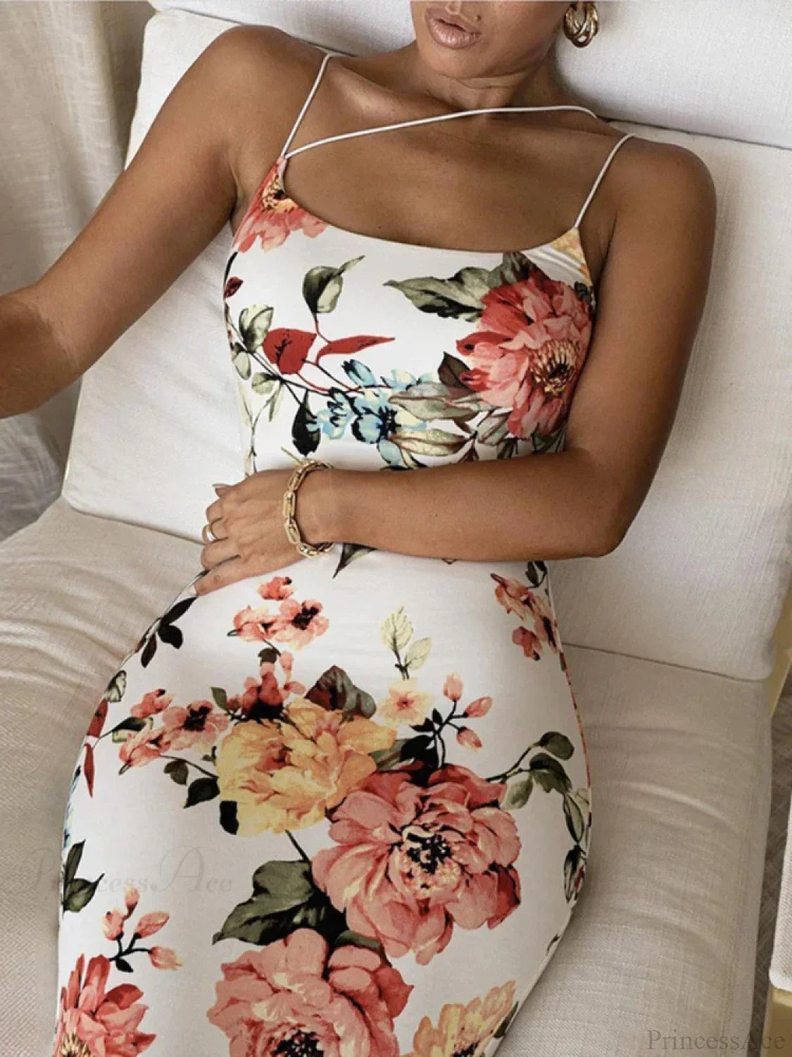 Vintage Slim Bodycon Spaghetti Strap Maxi Floral Dress image 1