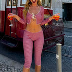 Vintage Slim Fit T-shirt Plaid Tie Front Pants Set image 1